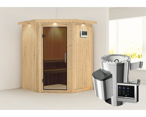 Sauna Plug & Play Karibu Achat II avec poêle 3,6 kW et commande externe, avec couronne et porte entièrement vitrée coloris graphite