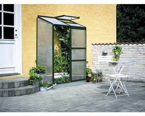 Anlehngewächshaus Halls Altan 2 Hohlkammerplatten 4 mm 69x132 cm grün Anlehn Gewächshaus mit Pflanzen auf einer Terrasse neben einer Hauswand.