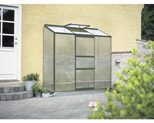 Anlehngewächshaus Halls Altan 3 Hohlkammerplatten 4 mm 69x194 cm grün Anlehn Gewächshaus aus Metall und Kunststoff an Hauswand