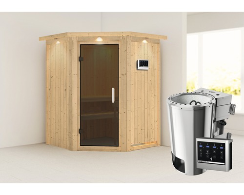 Sauna Plug & Play Karibu Achat II avec poêle 3,6 kW et commande externe, avec couronne et porte entièrement vitrée coloris graphite