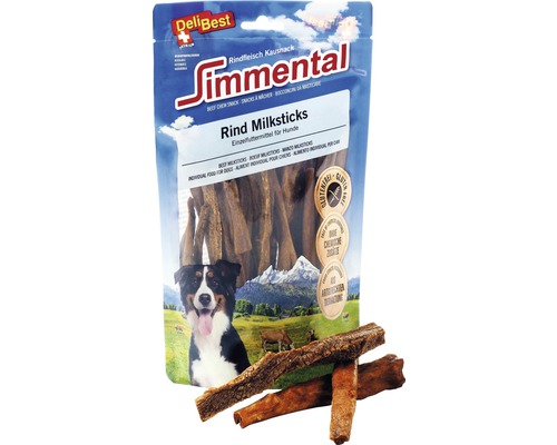 Hundesnack DeliBest Simmental Rind Milksticks 200 g Simmental Rind Milksticks für Hunde, Rindfleisch Kausnack in einer Verpackung mit einem Hundebild