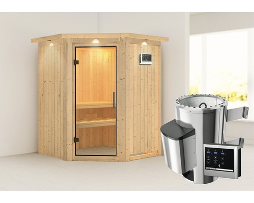 Sauna Plug & Play Karibu Achat II avec poêle 3,6 kW et commande externe, avec couronne et porte entièrement vitrée transparente