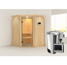 Ecksauna aus Holz mit Glastür und Saunaofen.