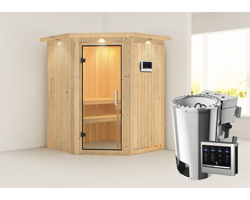 Sauna Plug & Play Karibu Achat II avec poêle bio 3,6 kW et commande externe, avec couronne et porte entièrement vitrée transparente