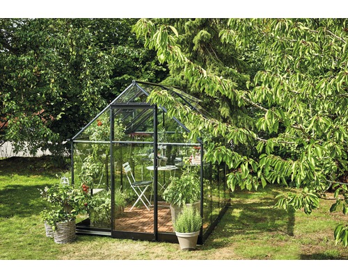 Gewächshaus mit Pflanzen und Gartenmöbeln im Garten