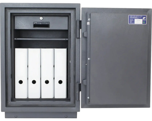 Geöffneter Dokumentensafe mit Schublade und Ordnern