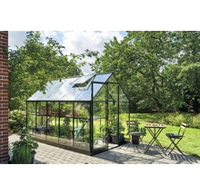 Gewächshaus im Garten mit Pflanzen und Gartentischgruppe