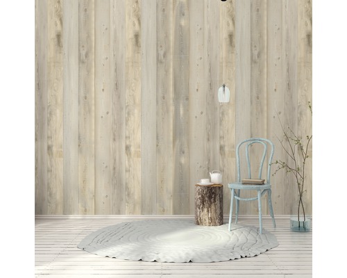 Kunststoffpaneel Element 3D Optik Nordic 2600 x 375 x 8 mm Dekorative Holzpaneele an der Wand in einem hellen Raum.