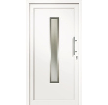 Porte d''entrée blanche avec insert en verre vertical et poignée