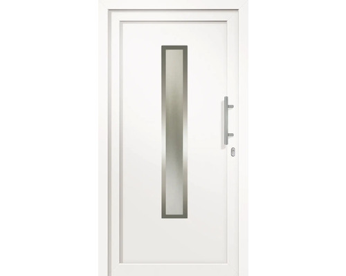 Porte d''entrée blanche avec insert en verre vertical et poignée