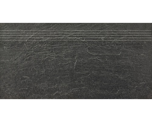 Feinsteinzeug Stufenfliese Cliff Schwarz 30 x 60 cm Fliese mit Schieferstruktur und horizontalen Linien