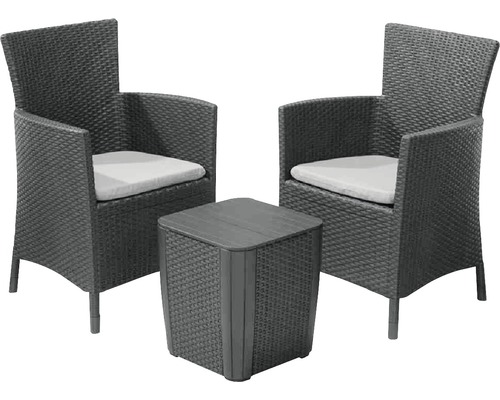 Ensemble pour balcon Allibert Iowa plastique 2 places 3 pièces graphite avec galettes d'assise