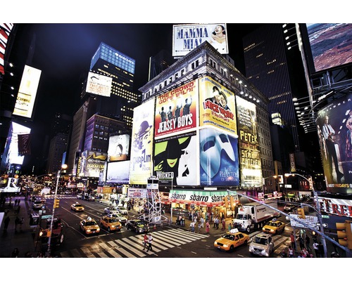Papier peint panoramique intissé 16075 New York Time Square 5 pces 250 x 180 cm Vue nocturne de Times Square avec de la publicité, des taxis et des piétons.