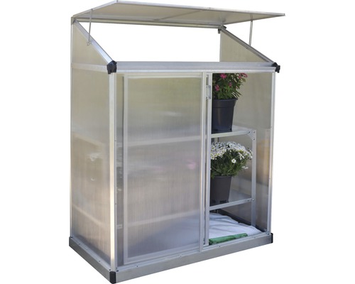 Gewächshaus mit Regalen und Schiebetür für den Garten