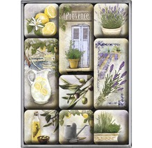 Collage avec citrons, lavande, olives et scène de jardin