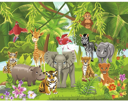 Papier peint panoramique intissé 16085 Kids Jungle Animals 5 pces 250 x 180 cm Illustration avec des motifs de jungle et différents animaux