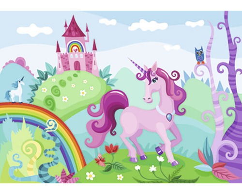 Papier peint panoramique intissé 16086 Kids purple Unicorn 5 pces 250 x 180 cm Illustration d''un paysage fantastique avec une licorne, un château et un arc-en-ciel