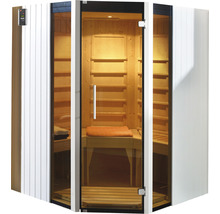 Ecksauna mit Glastür und Holzbänken