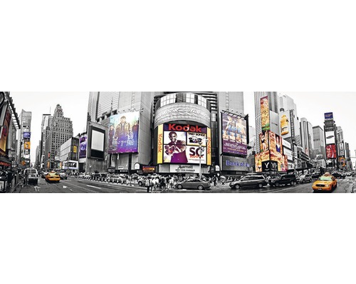 Papier peint panoramique intissé 17005 Panorama Cherry Blossom 2 pces 350 x 100 cm Vue de Times Square avec des foules, des voitures et des panneaux d''affichage.