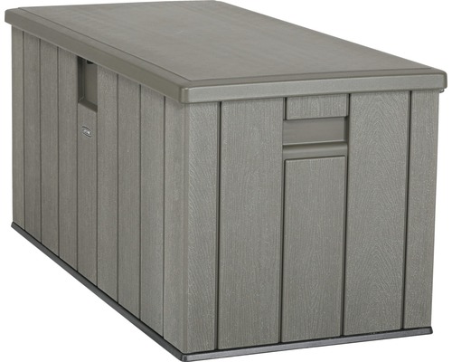 Graue Gartenbox aus Kunststoff mit Holzoptik