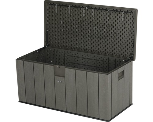 Geöffnete Gartenbox zur Aufbewahrung im Aussenbereich