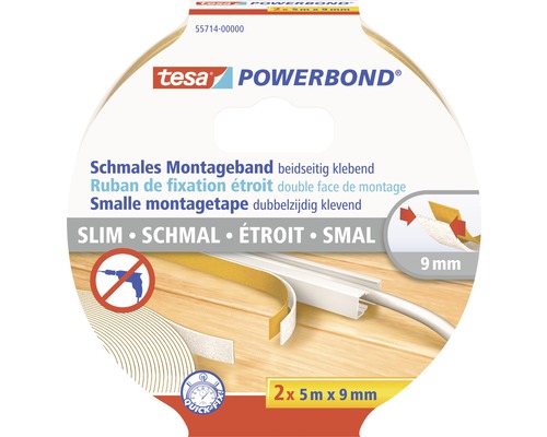Ruban de montage tesa Powerbond double-face 5m x 9mm Tesa Powerbond ruban de fixation étroit, double face de montage, 2 rouleaux de 5 mètres x 9 millimètres