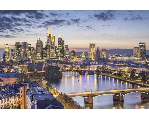 Papier peint panoramique intissé 18056 Frankfurt am Main 7 pces 350 x 260 cm Panorama de la ligne d''horizon de Francfort de nuit avec rivière et ponts