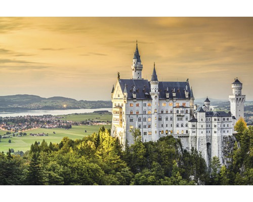 Papier peint panoramique intissé 18057 Neuschwanstein Castle 7 pces 350 x 260 cm Château de Neuschwanstein sur une colline boisée