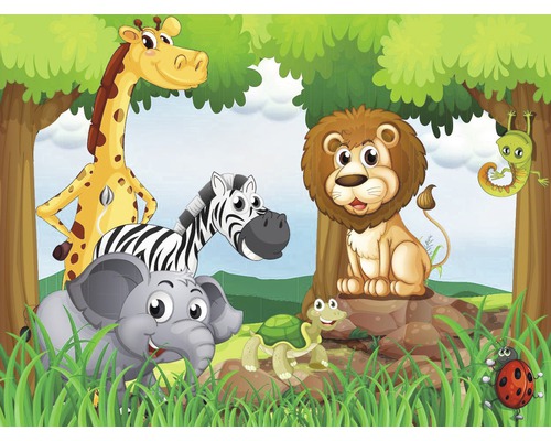 Papier peint panoramique intissé 18070 Jungle Animals Wald 7 pces 350 x 260 cm Illustration d''animaux dans la forêt, dont une girafe, un zèbre, un lion, un éléphant, une tortue, une chenille et une coccinelle