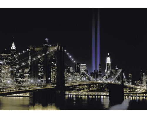 Papier peint panoramique intissé 18265 New York by night 7 pces 350 x 260 cm Horizon illuminé de New York avec pont et lumières commémoratives la nuit