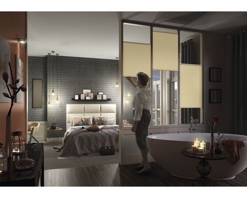 Chambre et salle de bains lumineuses avec fenêtres à stores plissés, séparées par une cloison.