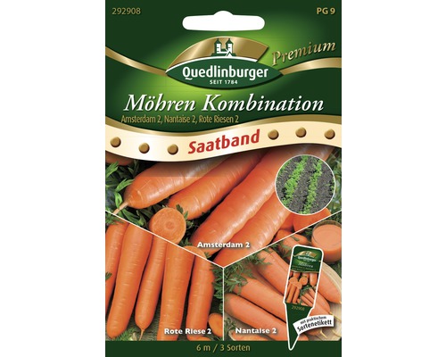 Carotte 'Amsterdam 2, Nantaise 2, géante rouge 2' Quedlinburger semence de légumes Quedlinburger Combinaison de carottes Ruban de graines avec les variétés Amsterdam 2, Nantaise 2, Rote Riesen 2