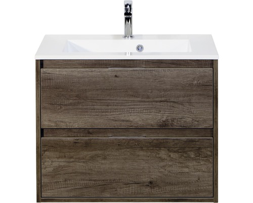 Set de meubles de salle de bains Sanox Porto lxhxp 70 x 56,5 x 50 cm couleur de façade nebraska oak avec vasque en fonte minérale blanc