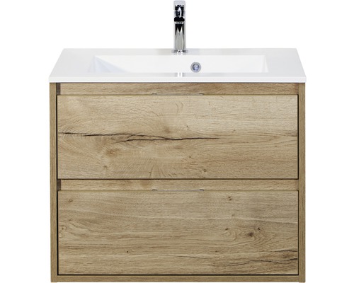 Set de meubles de salle de bains Sanox Porto lxhxp 70 x 56,5 x 50 cm couleur de façade chêne naturel avec vasque en fonte minérale blanc