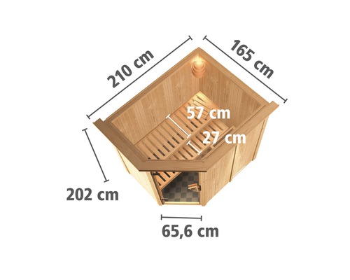 Vue de dessus d''un sauna d''angle avec dimensions : 210 cm, 165 cm, 202 cm, 57 cm, 27 cm et 65,6 cm