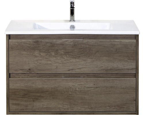 Badmöbel-Set Sanox Porto BxHxT 91 x 57 x 51 cm Frontfarbe nebraska oak mit Waschtisch Keramik weiß Badmöbel-Set Sanox Porto BxHxT 91 x 57 x 51 cm Frontfarbe nebraska oak mit Waschtisch Keramik weiß