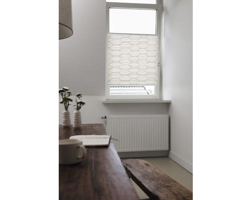 Pièce lumineuse avec meubles en bois, radiateur et store plissé à la fenêtre
