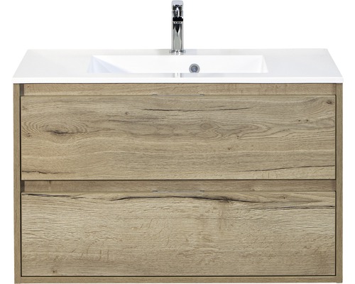 Badmöbel-Set Sanox Porto BxHxT 90 x 56,5 x 50 cm Frontfarbe eiche natur mit Waschtisch Mineralguss weiß Badmöbel-Set Sanox Porto BxHxT 90 x 56,5 x 50 cm Frontfarbe eiche natur mit Waschtisch Mineralguss weiß