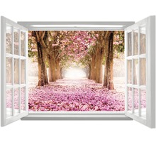 Autocollant de fenêtre avec vue sur une allée d''arbres en fleurs