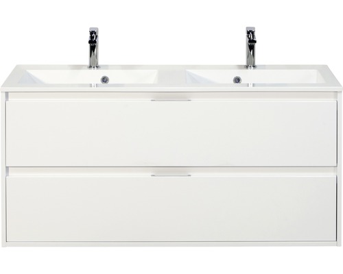 Set de meubles de salle de bains Sanox Porto lxhxp 120 x 56,5 x 50 cm couleur de façade blanc haute brillance avec vasque en fonte minérale blanc