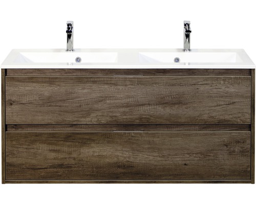 Set de meubles de salle de bains Sanox Porto lxhxp 120 x 56,5 x 50 cm couleur de façade nebraska oak avec vasque en fonte minérale blanc