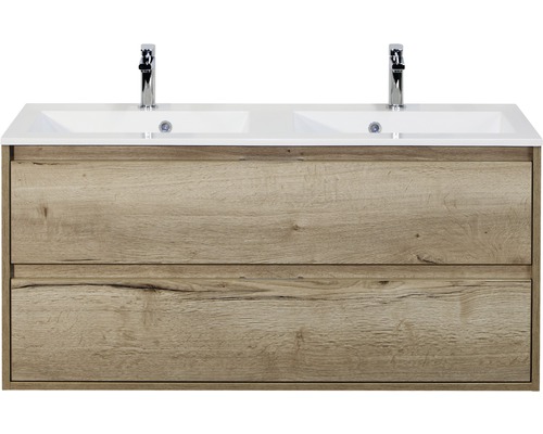 Set de meubles de salle de bains Sanox Porto lxhxp 120 x 56,5 x 50 cm couleur de façade chêne naturel avec vasque en fonte minérale blanc