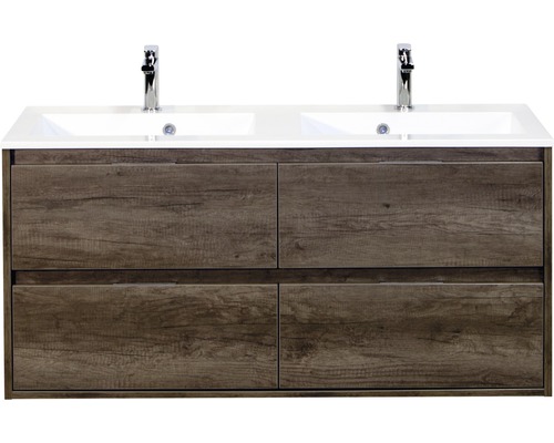 Set de meubles de salle de bains Sanox Porto lxhxp 120 x 56,5 x 50 cm couleur de façade nebraska oak avec vasque en fonte minérale blanc