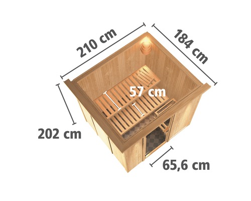 Vue intérieure d''un sauna mesurant 210 cm sur 184 cm sur 202 cm, la porte fait 65,6 cm de large et la surface de couchage 57 cm de profondeur.