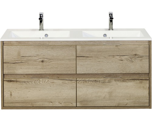 Set de meubles de salle de bains Sanox Porto lxhxp 120 x 56,5 x 50 cm couleur de façade chêne naturel avec vasque en fonte minérale blanc