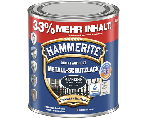 Laque de protection pour métaux HAMMERITE brillant gris anthracite 1 l Peinture de protection des métaux Hammerite directement sur la rouille, volume de remplissage accru