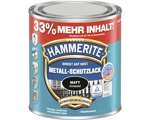Laque de protection pour métaux HAMMERITE mate noire 1 L Hammerite peinture de protection des métaux directement sur rouille, noir mat