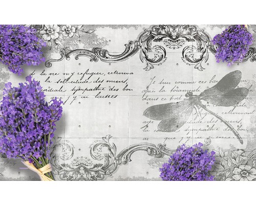 Papier peint avec lavande, ornements et libellule