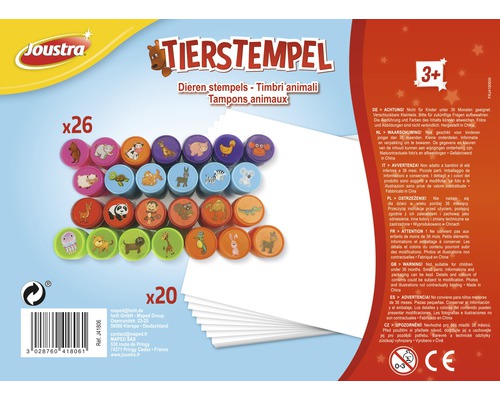 Jeu de tampons animaux avec 26 tampons et 20 feuilles de papier