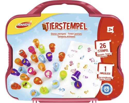 Set de tampons animaux Joustra avec 26 tampons et un bloc de dessin dans une boîte de rangement